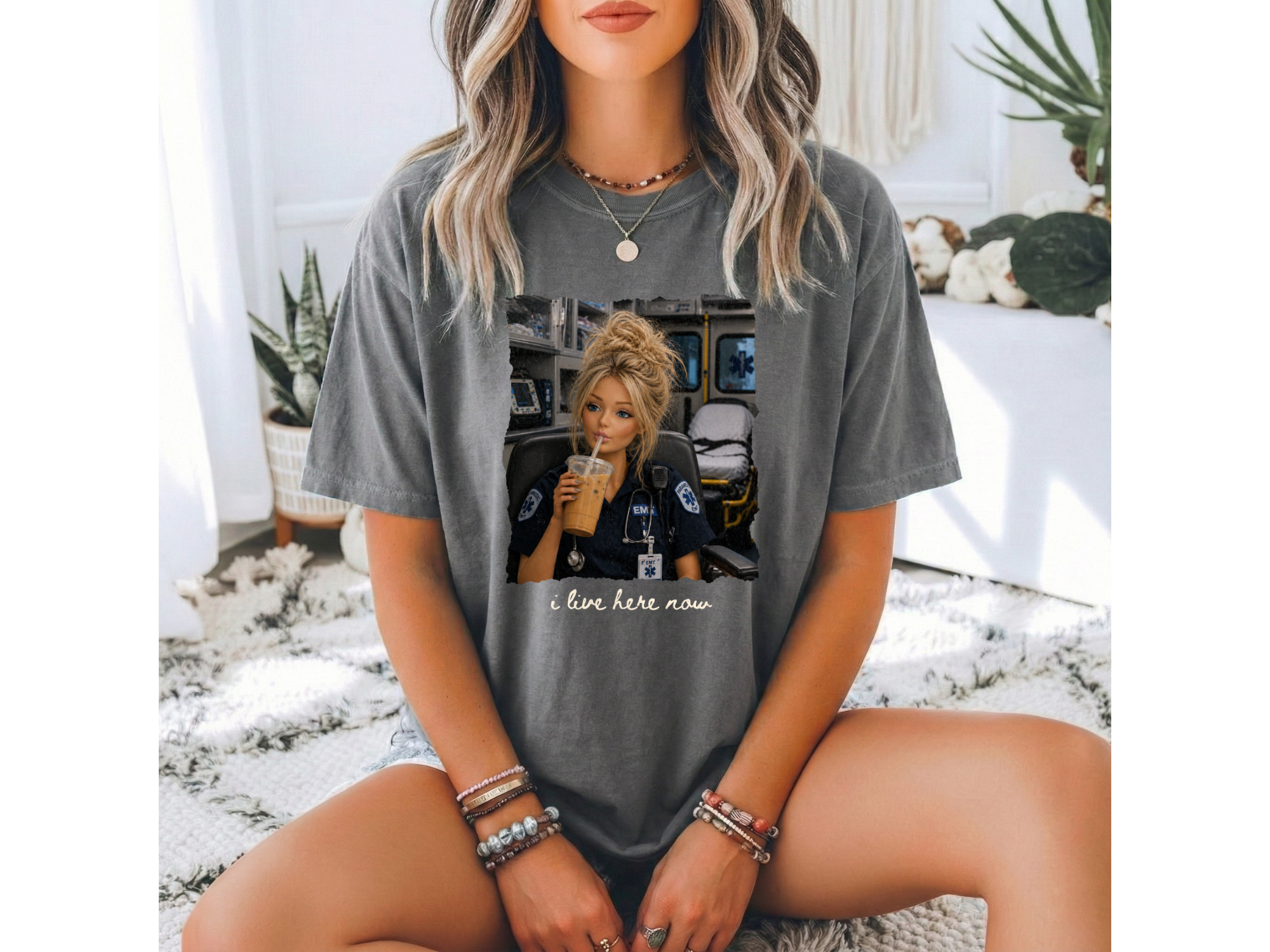 Blonde EMS Girl "I Live Here Now" Graphic Tee
