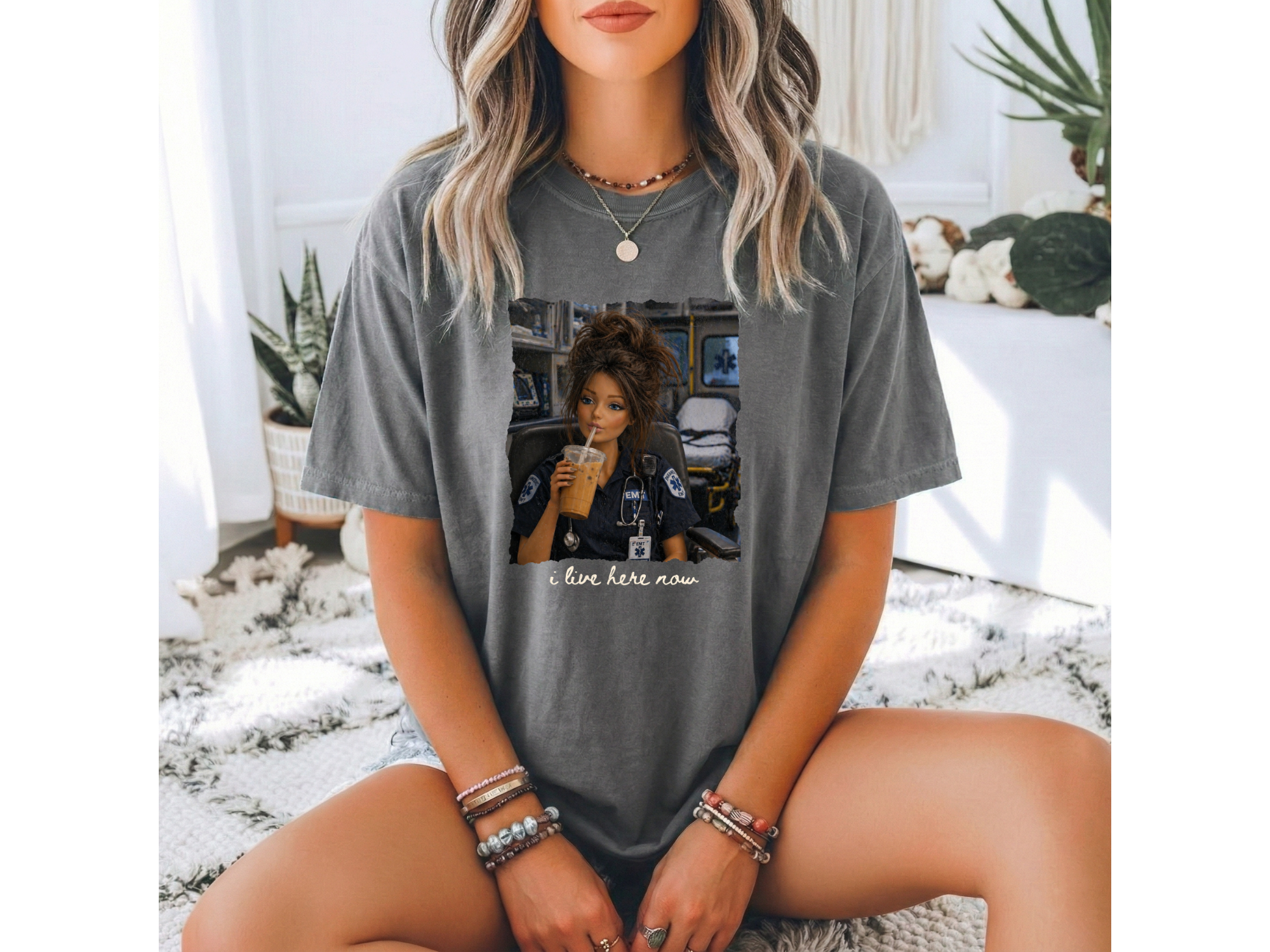 Brunette EMS Girl "I Live Here Now" Graphic Tee