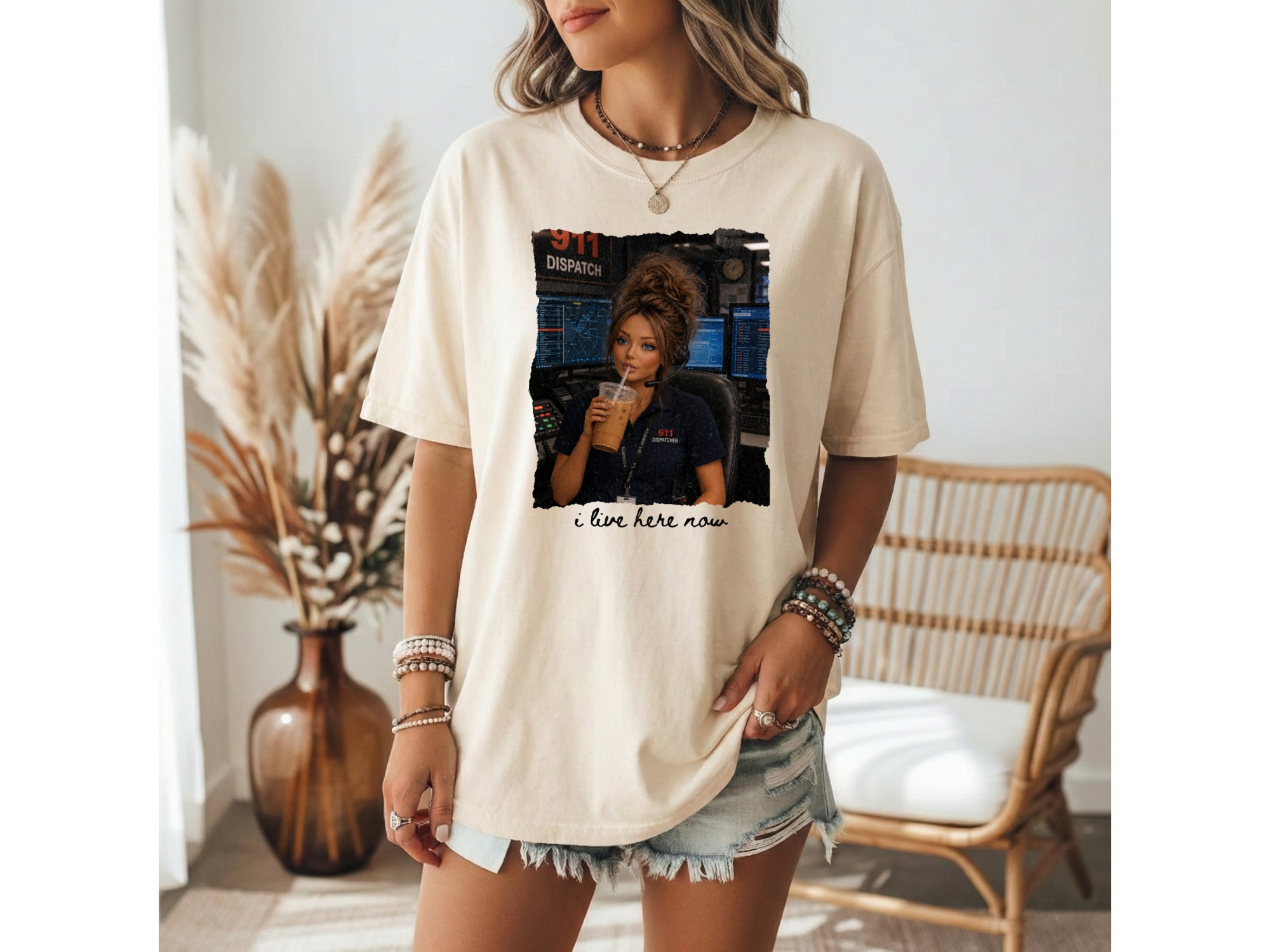 Brunette 911 Dispatcher Girl "I Live Here Now" Graphic Tee